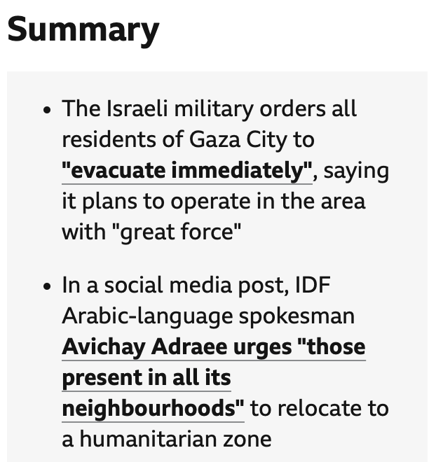 The abandonment of the most basic principles of journalism by the BBC helped enable the Gaza genocide, and it is now enabling the biggest act of ethnic cleansing in 80 years. 
The term 'humanitarian zone' is an IDF one. 
The BBC is using it without quotation marks.
Shameful.