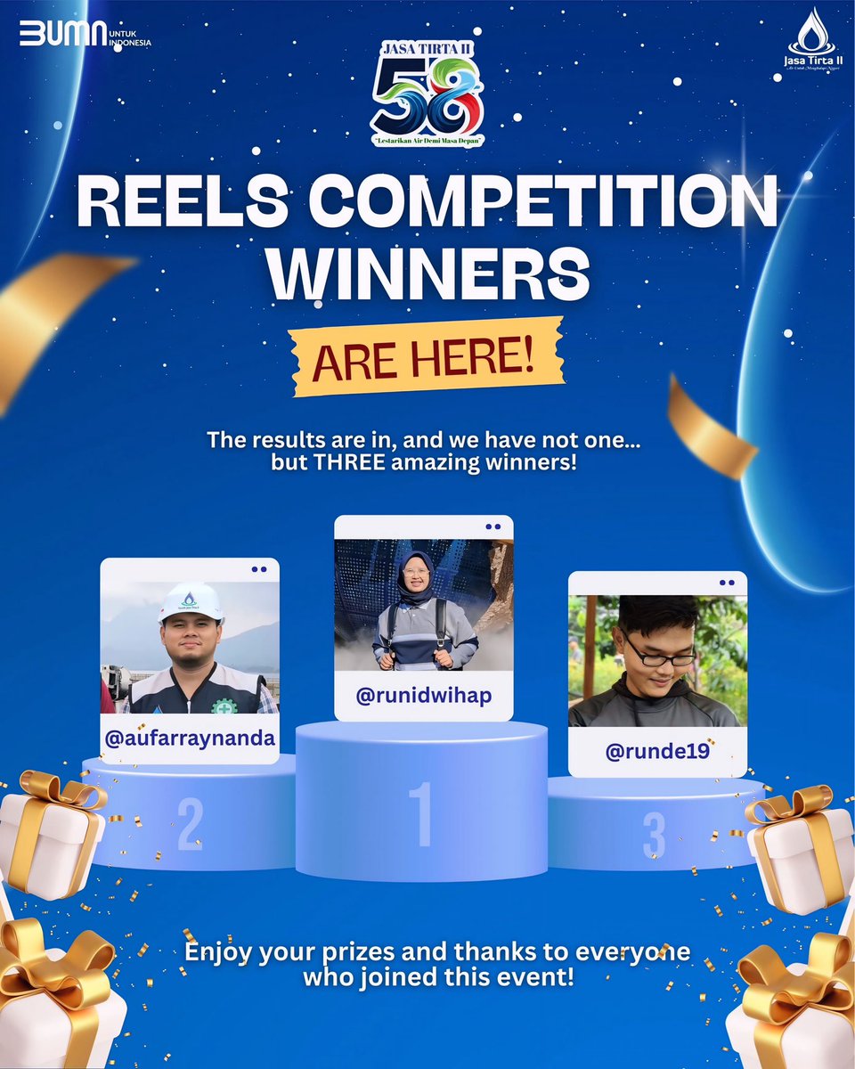✨Pengumuman Pemenang Reels Competition 🎉

Dalam rangkaian HUT ke-58 Perum Jasa Tirta II, telah diselenggarakan Reels Competition khusus untuk karyawan dan karyawati PJT II 💙

Terima kasih atas kreativitas dan partisipasi seluruh insan PJT II yang telah meramaikan lomba ini!🙌