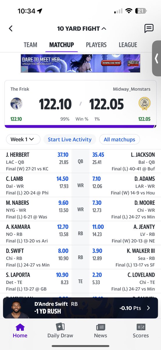 Frisco2508's tweet photo. Monday night miracle. Dj Moore lateraled it and since nobody got it it’s counted as a fumble so he lost 2 points and I ended up winning 😂 #fantasyfootball @MatthewBerryTMR https://t.co/pHBIGdxVLg