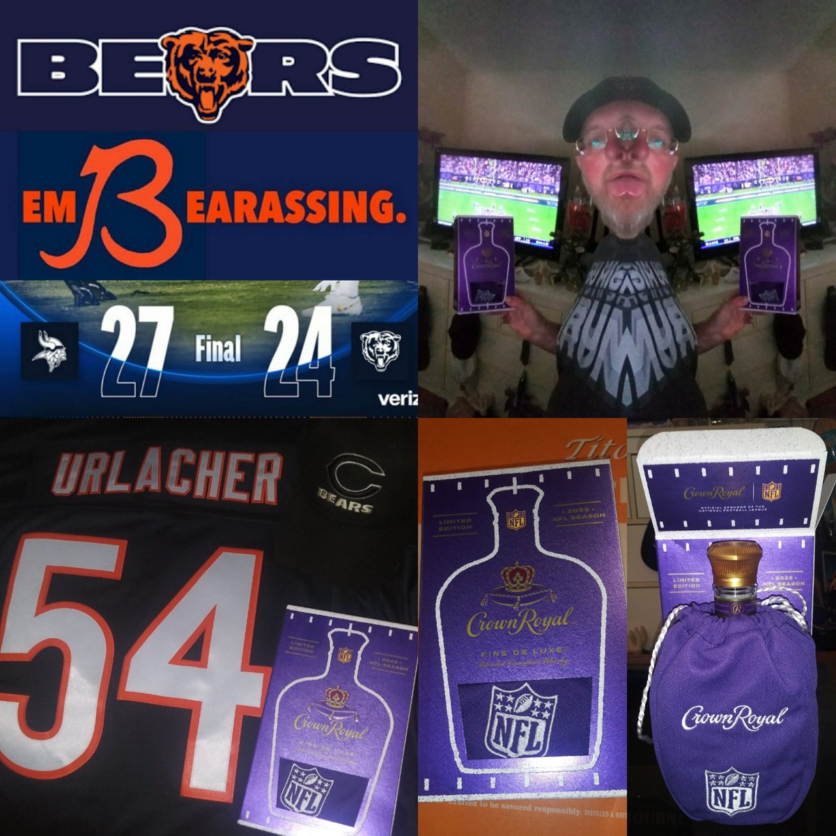 DZizBigFish's tweet photo. @ChicagoBears @Verizon SameOLBears! GD! At least I have the New #CrownRoyal #NFL edition to ease the pain of being a #DaBears #chicagobears #BearDown fan every freaking year! #EmBEARassing #cursed 
😲😭🐻⏬🏈🙏🌎🇺🇸🥃🥃🥃 https://t.co/ylpWhjbHvi