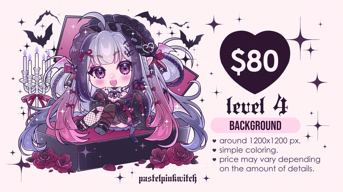 Hi ♡ I'm opening some chibi comms again (5 SLOTS):  $50 USD/$65 USD/$80 USD depending on the background type (PayPal only). TYSM! ♡ 

If you're interested or have any questions, please DM me! ♡ (more info + comm form below)