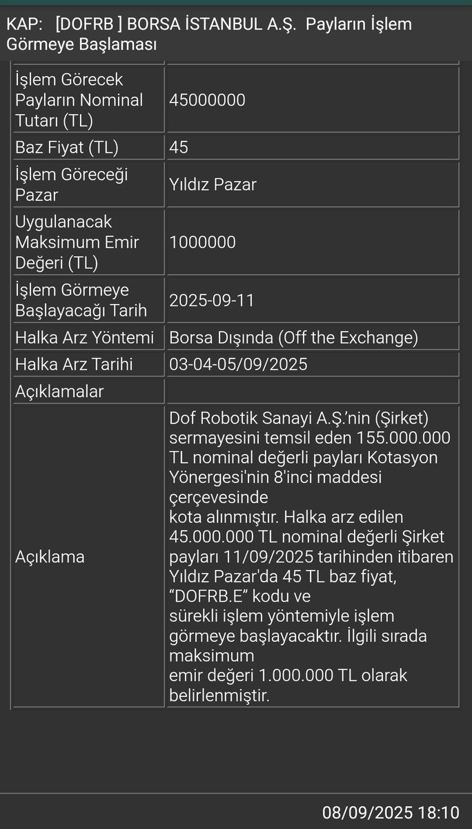 finansalvesaire's tweet image. #DOFRobotics 11.09.2025 perşembe işlem görmeye başlayacaktır.
