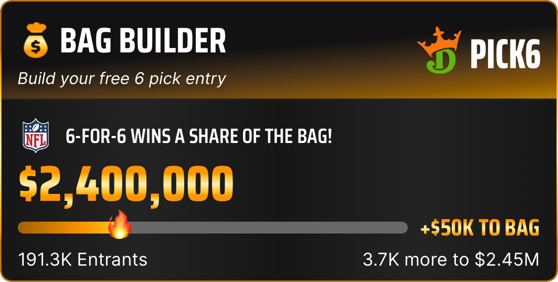 I just entered the Pick6 Bag Builder! Opt-in and enter for your free shot to split the $2.4M bag! pick6.draftkings.com/s/HideYourKids…