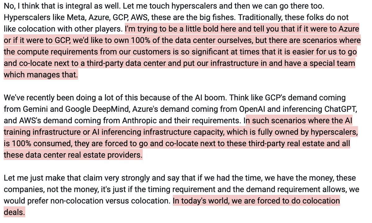 BenBajarin's tweet image. Important context from an Azure exec responsible for building out AI infra on why they do deals with the neoclouds. 

$NBIS $IREN $CRWV