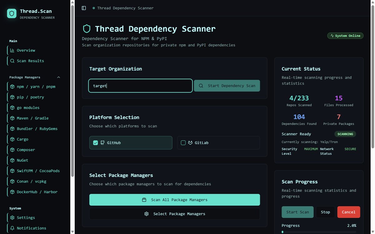 DepiLupin's tweet image. For mass detection of dependency confusion risks ThreadScan.io offers a robust dependency scanner that supports 10+ package managers, enabling precise identification of private packages across diverse ecosystems. #DependencyConfusion #SupplyChain #DevSecOps #npm #hack