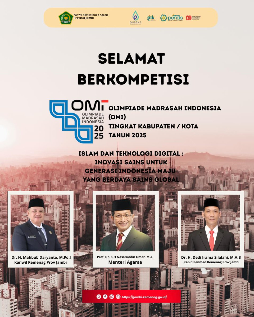 Kemenag_Jambi's tweet image. Selamat dan Sukses
Pelaksanaan Olimpiade Madrasah Indonesia (OMI) Tahun 2025

&quot;Selamat Berkompetisi&quot;

#omi
#olimpiademadrasahindonesia
#madrasah 
#madrasahhebatbermartabat 

@pendiskemenag