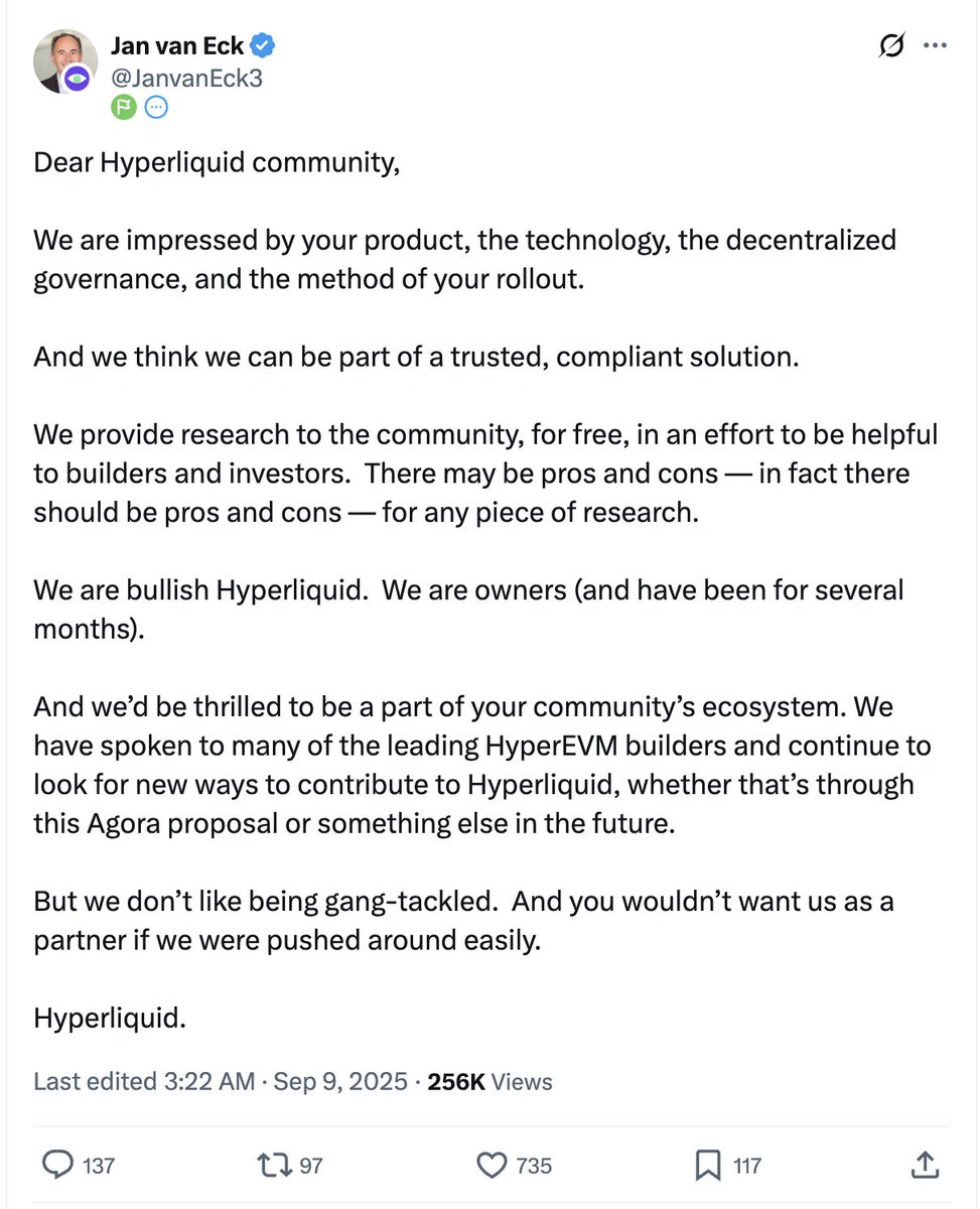 VanEck then /// VanEck now

From FUD to a love letter.

Only possible on Hyperliquid.