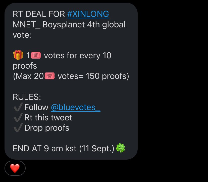 vote xinlong ☔️ (@x1nlonglong) on Twitter photo RT DEAL FOR #XINLONG
MNET_ Boysplanet 4th global vote:
🎁 1🎟️ votes for every 10 proofs
(Max 20🎟️ votes= 150 proofs)
RULES:
✔️Follow <a href="/bluevotes_/">wts higher, idolchamp, mubeat, mnet, hearts, votes</a>
✔️Rt this tweet
✔️Drop proofs
END AT 9 am kst (11 Sept.)🍀 RT DEAL FOR #XINLONG
MNET_ Boysplanet 4th global vote:
🎁 1🎟️ votes for every 10 proofs
(Max 20🎟️ votes= 150 proofs)
RULES:
✔️Follow <a href="/bluevotes_/">wts higher, idolchamp, mubeat, mnet, hearts, votes</a>
✔️Rt this tweet
✔️Drop proofs
END AT 9 am kst (11 Sept.)🍀