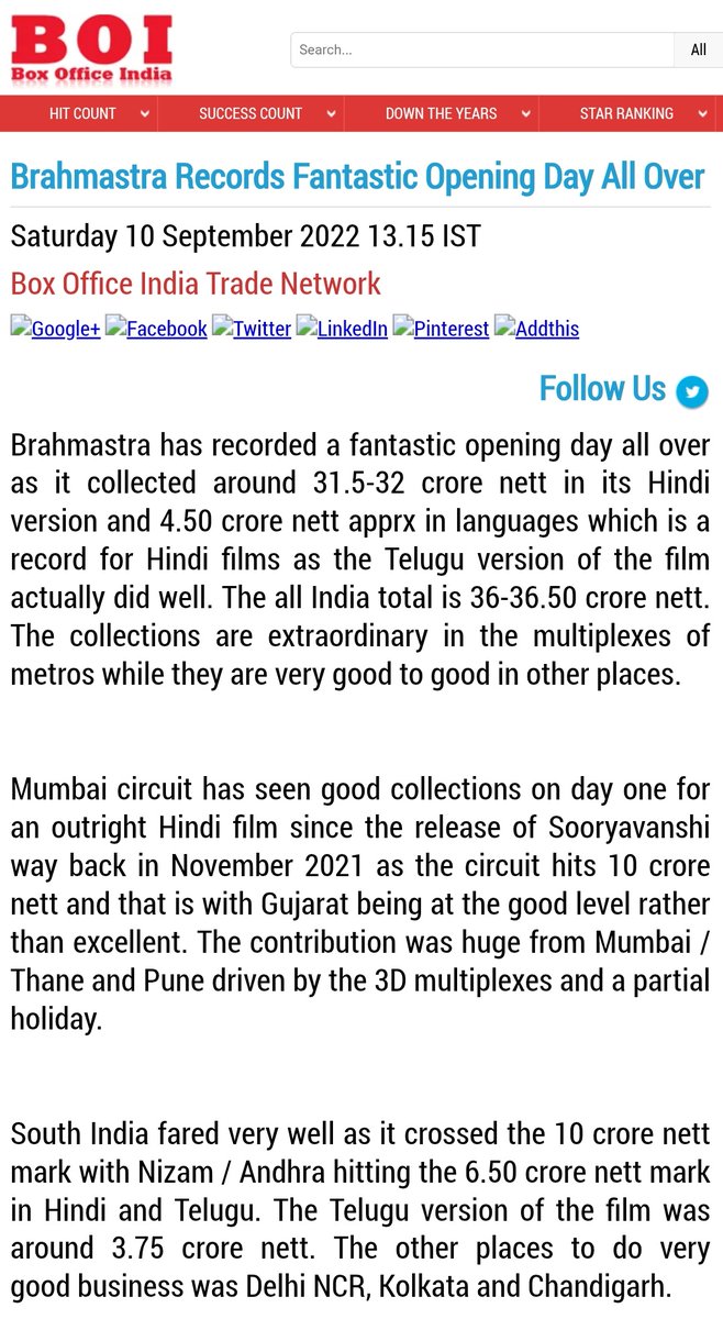 AjayRKSoldier's tweet photo. Today, 3 years of #Brahmastra 🔥
#Brahamstra's Day 1 Hindi Opening ₹32 cr. (peak negativity) >>>>>>
Franchise's part 1 opened 2 times better than Blockbuster film's Sequel #War2's Hindi opening ₹29 cr. 😭
Same director #AyanMukerji. 🔥
#RanbirKapoor https://t.co/blDknhAdCp