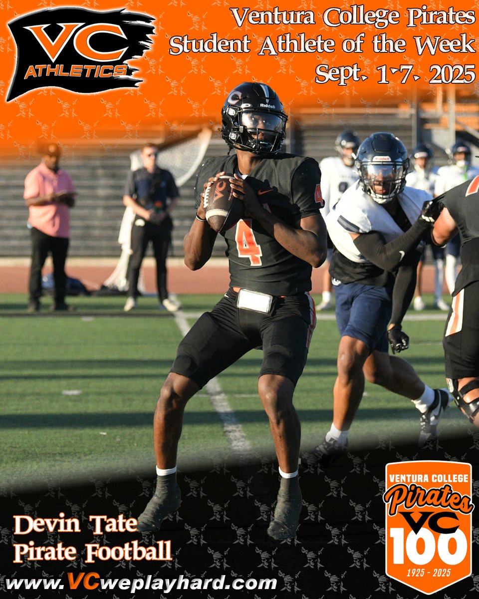 The VC football team is off to a 2-0 start. Sophomore quarterback Devin Tate has led the charge for the Pirates in victories at Palomar and at home against Fullerton. Devin is this week's VC Pirate Student Athlete of the Week sponsored by M &amp; M Sports.
vcweplayhard.com/saotw/20250901…