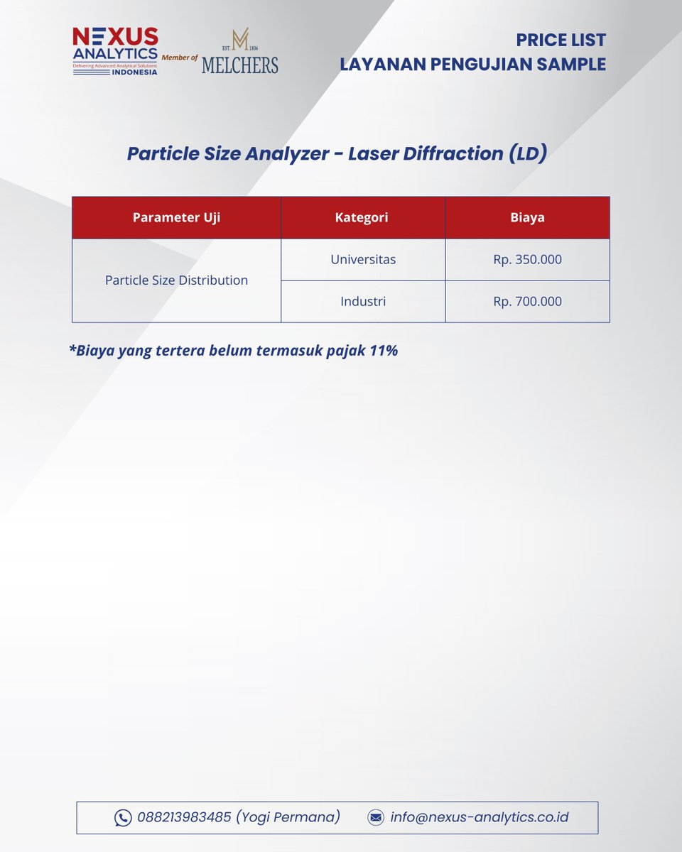 💡Butuh Analisis Distribusi Ukuran Partikel untuk Riset atau Quality Control? 

NEXUS Analytics Indonesia menghadirkan layanan uji Particle Size Distribution (PSD) menggunakan teknologi Laser Diffraction (LD) dengan standar ISO 13320

📞Hubungi kami untuk informasi lebih lanjut