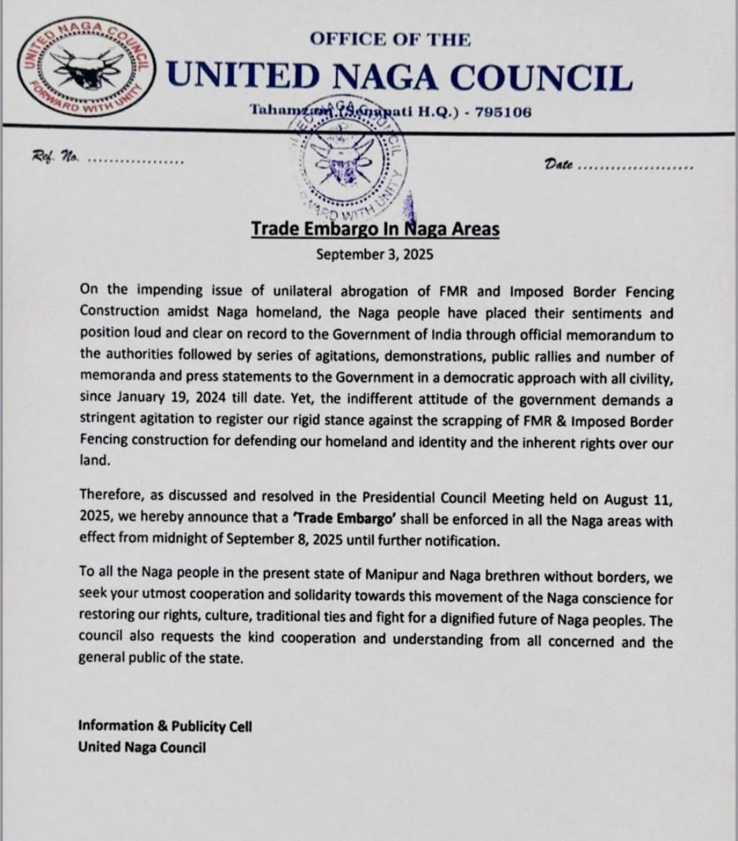 Tongjei_Maril's tweet image. Double standards par excellence!
Irony is UNC lamented about the hardships endured by their brethren along the border due to intruders yet they announced economic blockade against border fencing initiatives by GoI!
#EndEconomicBlockade in Manipur!
@govt_of_manipur