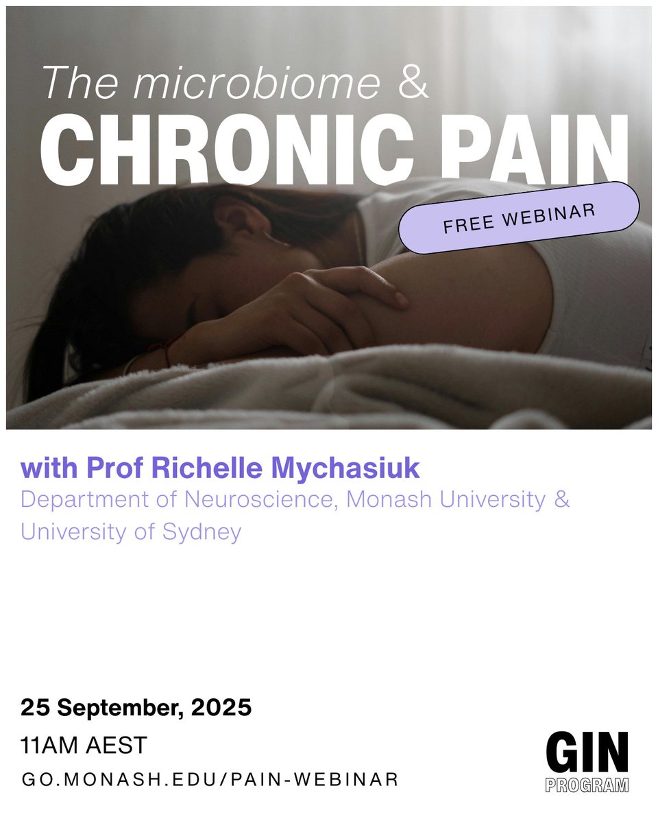 GIN_Discovery's tweet image. Chronic pain affects 1 in 5 young Australians and costs billions each year.

Could the gut microbiome hold a key to relief?
Find out in our free public webinar with Prof. Richelle Mychasiuk | @richelle_ndopl 

📅 Sept 25, 11AM AEST
🎟️ go.monash.edu/pain-webinar