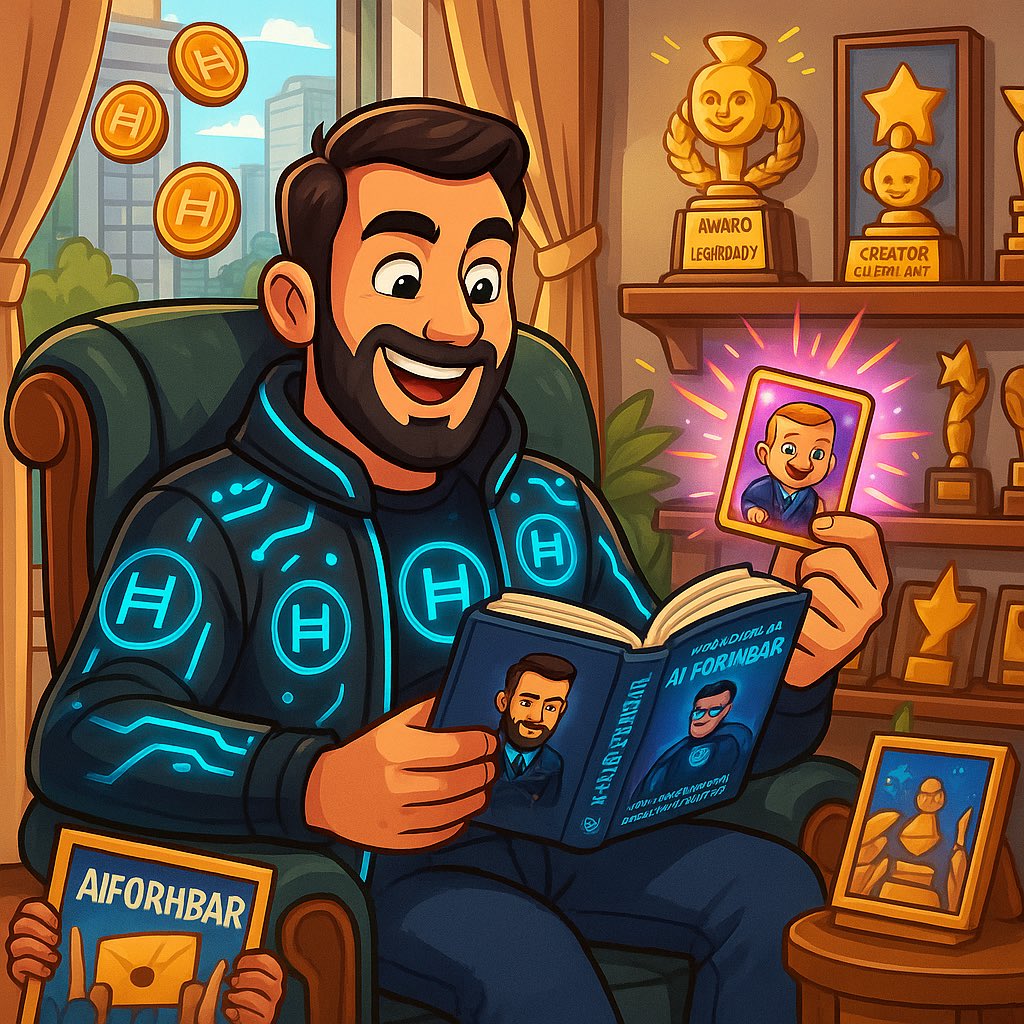 HBARmason's tweet photo. Chilling in the crypto palace 🏆📖✨ Reading my own story, holding the cutest NFT, and surrounded by awards of legendary greatness, that’s the @AIforHBar lifestyle. 🚀🐾 #HBAR #NFTLegend https://t.co/UAJj3opFDr