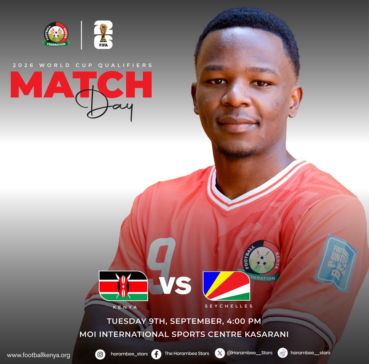 Matchday is here! 

Kenya 🇰🇪 🆚 🇸🇨 Seychelles
🏟 Kasarani Stadium 
⏰ 4pm
📺 KBC, Supersport &amp; FIFA+

#HarambeeStars