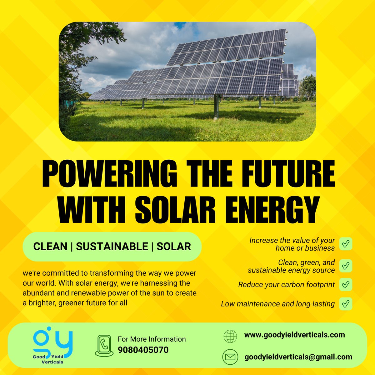 Goodyieldvert's tweet photo. Powering the Future with Solar Energy
 
Harness the sun’s abundant power for a brighter tomorrow. Clean, reliable, and sustainable solutions for homes and businesses.

#SolarEnergy #CleanPower #SustainableFuture #GoGreen #RenewableEnergy #Goodyieldverticals #solar https://t.co/qoWBi8aS78