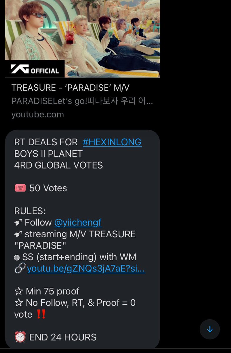 RT DEALS FOR  #HEXINLONG
BOYS II PLANET
4RD GLOBAL VOTES

🎟 50 Votes

RULES:
➹ Follow <a href="/yiichengf/">yii୨୧˚</a> 
➹ streaming M/V TREASURE "PARADISE" 
◍ SS (start+ending) with WM
🔗youtu.be/gZNQs3jA7aE?si…

☆ Min 75 proof
☆ No Follow, RT, &amp; Proof = 0 vote ‼️

⏰ END 24 HOURS