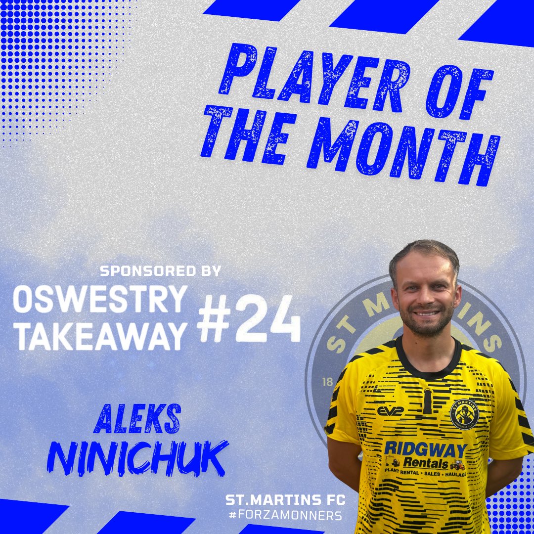 St_MartinsFC's tweet photo. 𝐀𝐔𝐆𝐔𝐒𝐓 𝐏𝐋𝐀𝐘𝐄𝐑 𝐎𝐅 𝐓𝐇𝐄 𝐌𝐎𝐍𝐓𝐇 

Aleks Ninichuk has been voted August’s player of the month.

Stats 👇🏼

Played - 5
Goals - 3
Assists - 3
MOtM - 1 

Our player of the month award has kindly been sponsored by Oswestry Takeaway 🤝 https://t.co/2CjNbzfXra