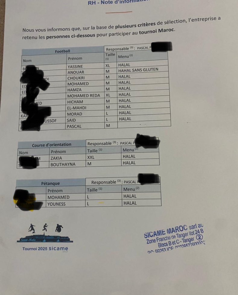 DamienRieu's tweet photo. 🚨 Bonjour @Interieur_Gouv @AmbaFranceMaroc, une source m’informe que des employés de la fililale marocaine de l’entreprise Sicame profitent d’un tournoi de sportif interfiliales organisé cette semaine à Saint-Malo pour obtenir un visa et rester en France. 

Ils auraient même payé un membre de la direction pour être « sélectionnés ». 

Je tiens à votre disposition la liste non censurée des participants si vous souhaitez agir.