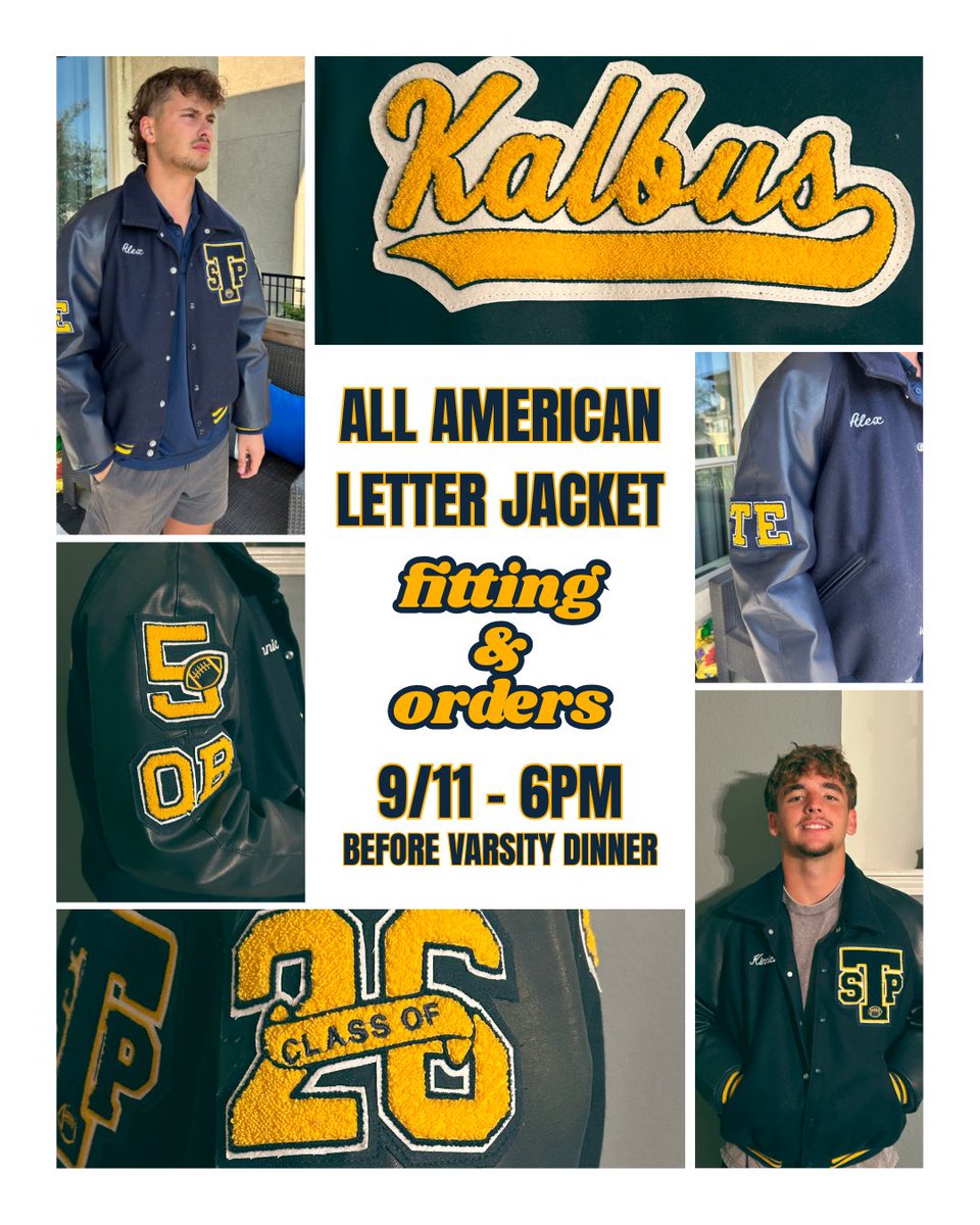 stpfootballbc's tweet image. 2️⃣0️⃣2️⃣5️⃣ Varsity Football | Letterman Jacket Fittings

Varsity players—join us Thurs-6 PM- G109 (before dinner) for Letterman jacket measurements &amp;amp; orders with All American Letter Jacket.

📧 Questions? Contact Susan Lantz: lantzsusan60@gmail.com

#VarsityFootball #StonyPoint