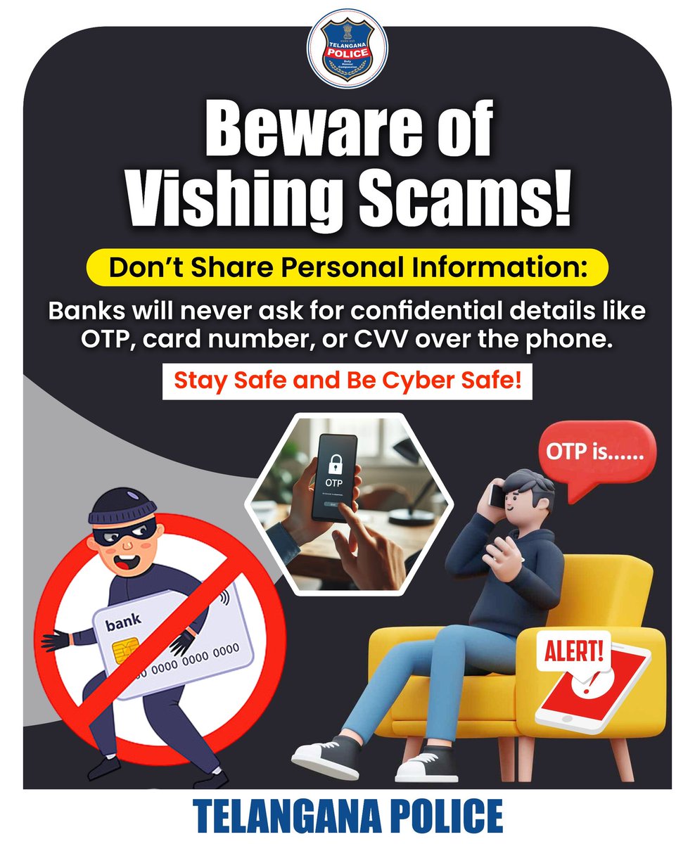 TelanganaCOPs's tweet image. With the rise in #cybercrimes, it's crucial to be cautious and vigilant when handling your personal information. Don't share and Don't fall for it!

#Cybercrimeawareness #TelanganaPolice