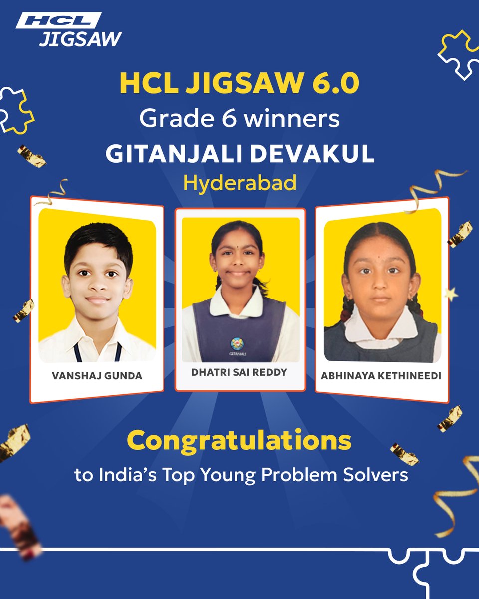 HclJigsaw's tweet image. Congratulations to the brilliant minds from Gitanjali Devakul, Hyderabad!
Our Grade 6 winners of HCL Jigsaw 6.0 – Vanshaj Gunda, Dhatri Sai Reddy, and Abhinaya Kethineedi, have proven themselves as India’s Top Young Problem Solvers. 
#HCLJigsaw #YoungProblemSolvers #FutureLeaders