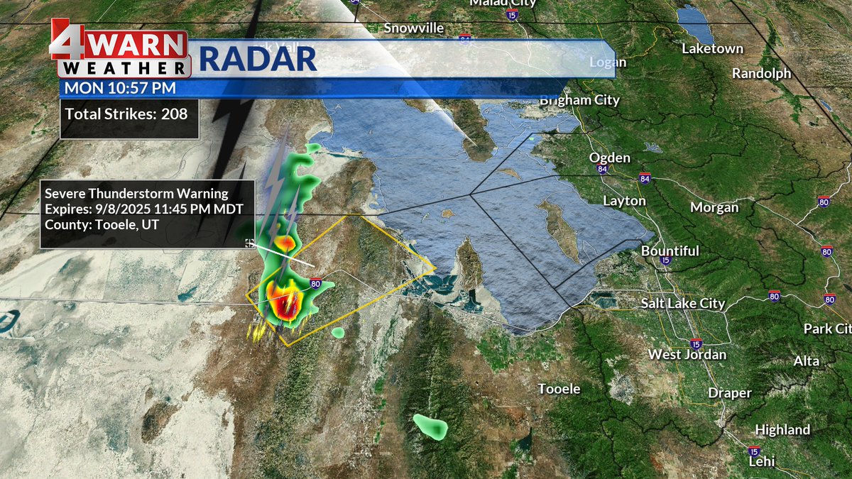 AlanaBrophyWX's tweet photo. Just wrapped @abc4utah news at 10 &amp; #4warned you about nocturnal storms---here's the latest *Severe Thunderstorm Warning* near Delle with LARGE HAIL expected. Quarter sized hail &amp; this wolls over the Great Salt Lake &amp; could impact parts of the Wasatch Front  #utwx https://t.co/R0QQXlyNw0