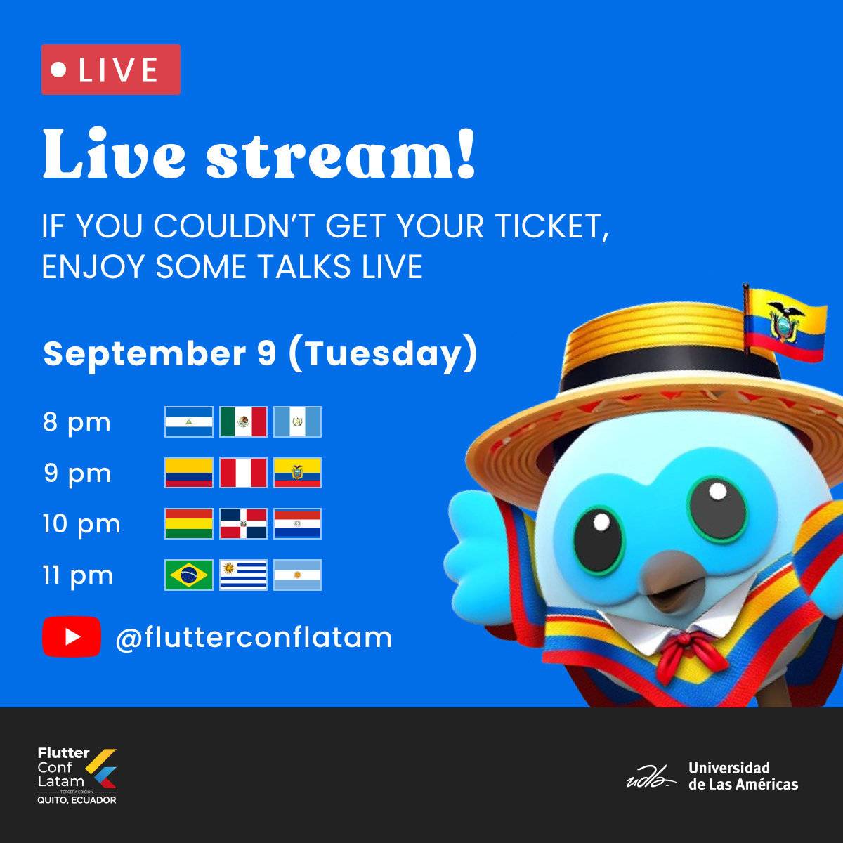 FlutterConfLAT's tweet image. Join us for our live stream of day 1 of #FlutterConfLatam2025! 😉🥳
Enjoy some talks throughout the day on September 9
See you there 👉 youtube.com/live/6VJJNjSuX…
Thanks to: @UDLAEcuador 

#FlutterConfLATAM #FlutterCommunity #LatamTech #GoogleForDevs #Dart #TechEvent #flutter