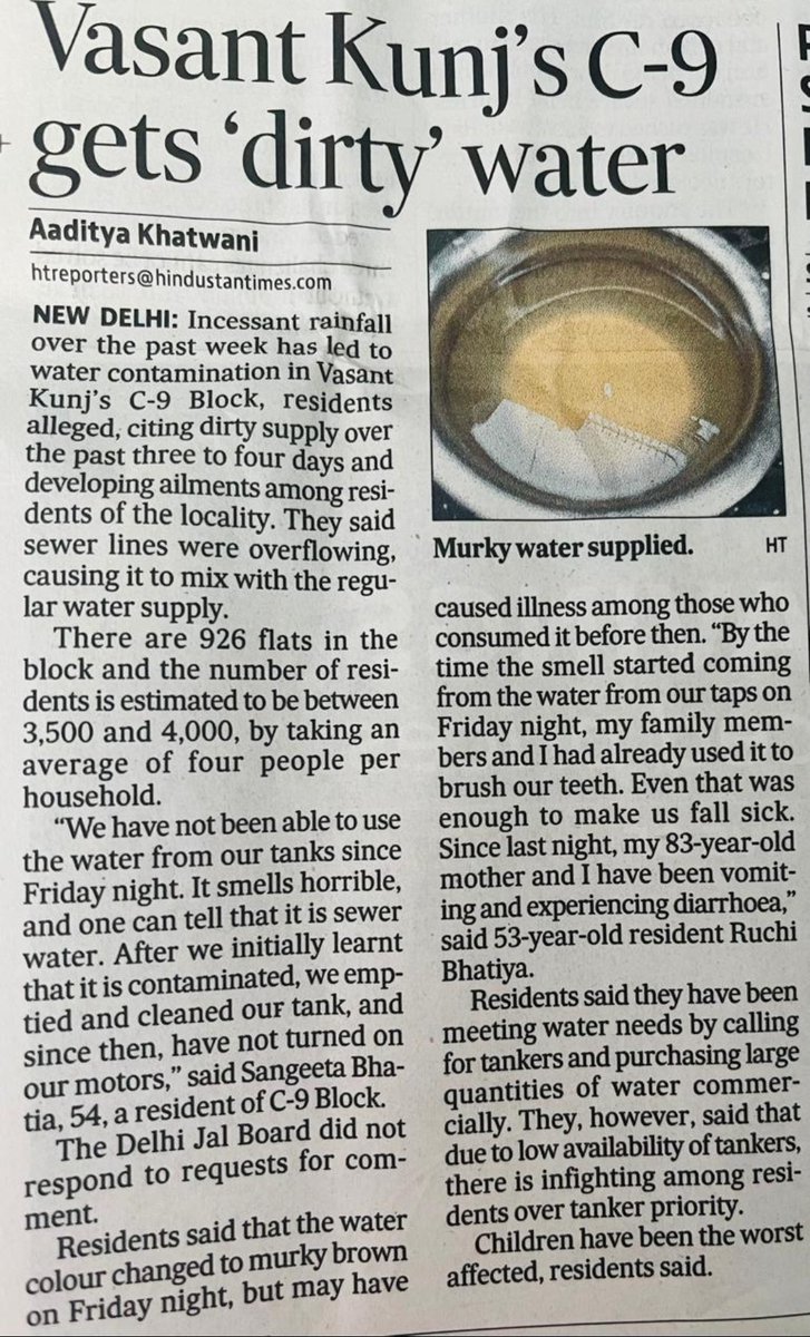 Vasant Kunj C9 : Once a paush habitat, most sought after for its strategic location, well oiled machinery for amenities, extremely secured, today suffers - water tanks have contaminated water, theft is routine, RERA is dysfunctional and what not ?  <a href="/CMRekhaGupta/">Rekha Gupta</a> <a href="/MCD_Delhi/">Municipal Corporation of Delhi</a>