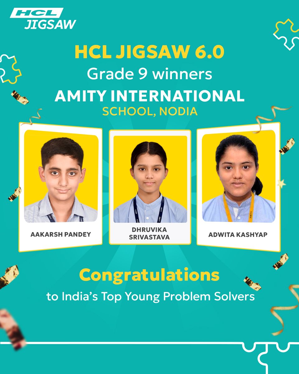 HclJigsaw's tweet image. Celebrating the Amity International School, Noida prodigies!
Our Grade 9 winners – Aakarsh Pandey, Dhruvika Srivastava, and Adwita Kashyap, are shining as India’s Top Young Problem Solvers in HCL Jigsaw 6.0. 
#HCLJigsaw #YoungProblemSolvers #FutureLeaders