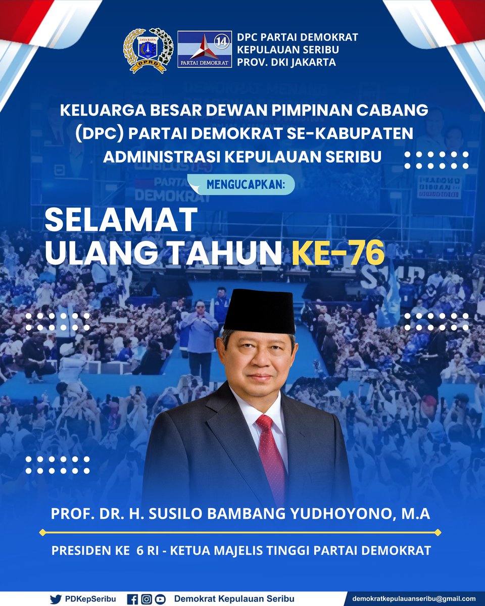 Dirgahayu Ke-24 Partai Demokrat <a href="/pdemokrat/">Partai Demokrat</a> Mengawal Pembangunan Untuk Indonesia Maju Dan Sejahtera 

Dan Juga, Selamat Ulang Tahun Bapak Susilo Bambang Yudhoyono <a href="/sb/">Sebastian</a>.yudhoyono Yang Ke 76, Presiden RI - 6 Sekaligus Ketua Majelis Tinggi Partai Demokrat

#Demokrat24 #DemokratDKI