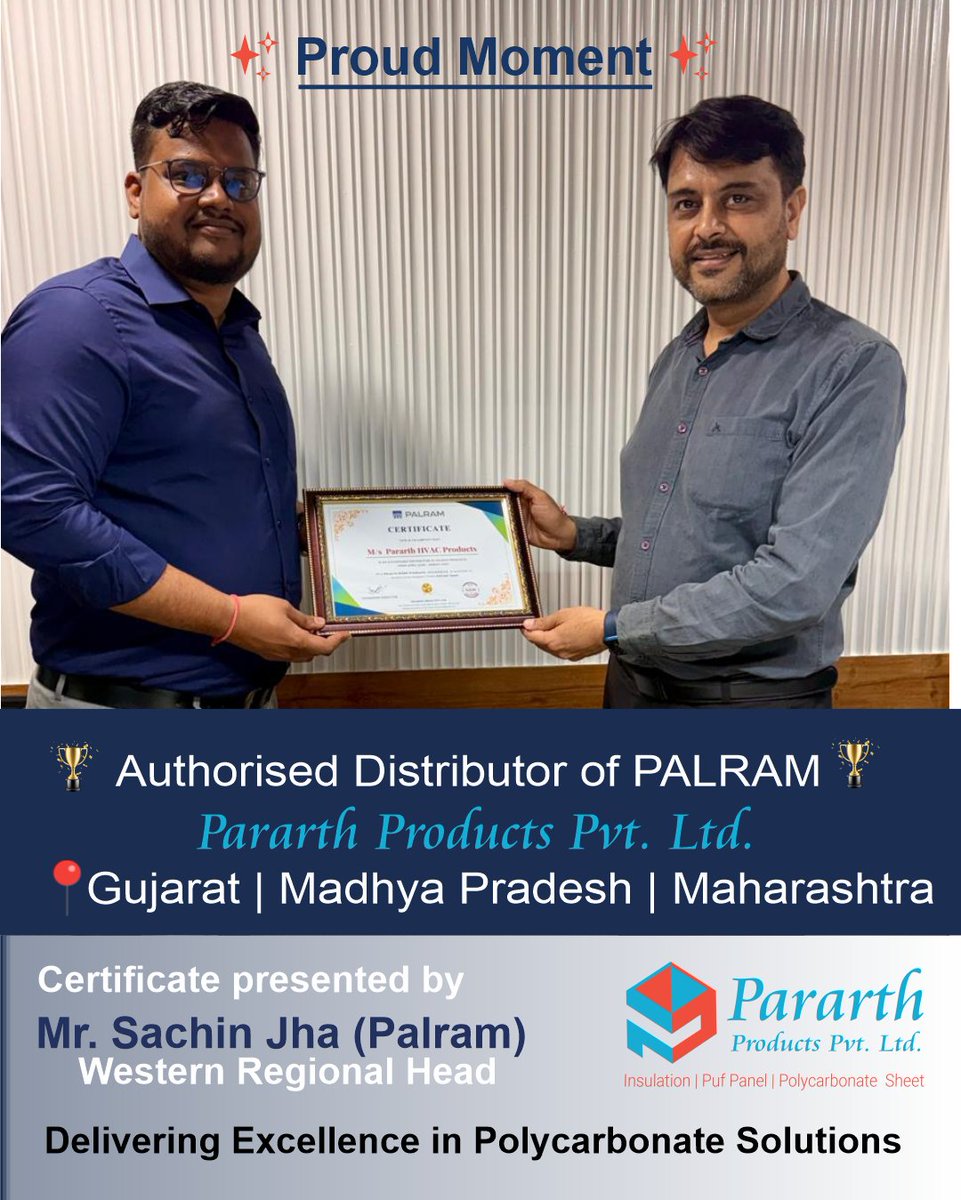 🎉 Proud to announce that Pararth Products Pvt. Ltd. is now the Authorised Distributor of PALRAM in Gujarat, Madhya Pradesh &amp; Maharashtra!

Certificate presented by Mr. Sachin Jha (Palram) 
Delivering Excellence in Polycarbonate Solutions 💡
#PararthProducts #PALRAM #ProudMoment