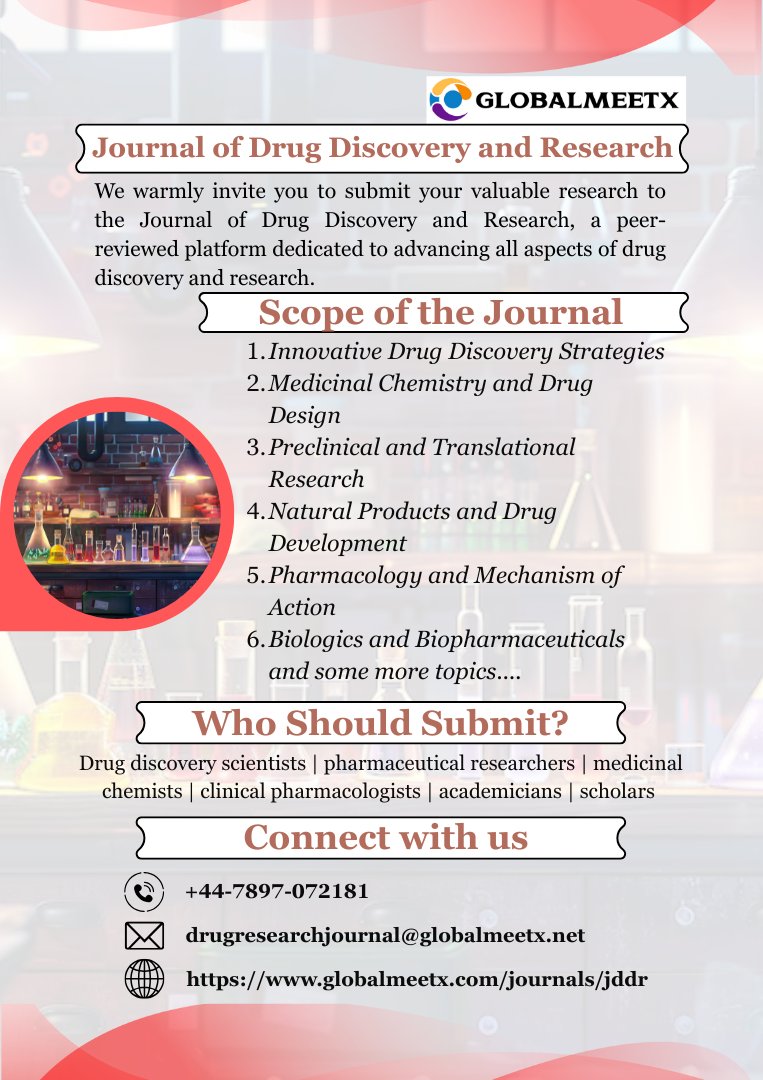 Globalmeetx_J's tweet photo. The Journal of Drug Discovery and Research is now accepting submissions. Share your groundbreaking work in a peer-reviewed platform dedicated to advancing pharmaceutical science.
https://t.co/XGBdZmJsnv
#DrugDiscovery #Pharmaceutical #Pharmacology #Biologics #PharmaScience #Drug https://t.co/Me5FHxT9F6