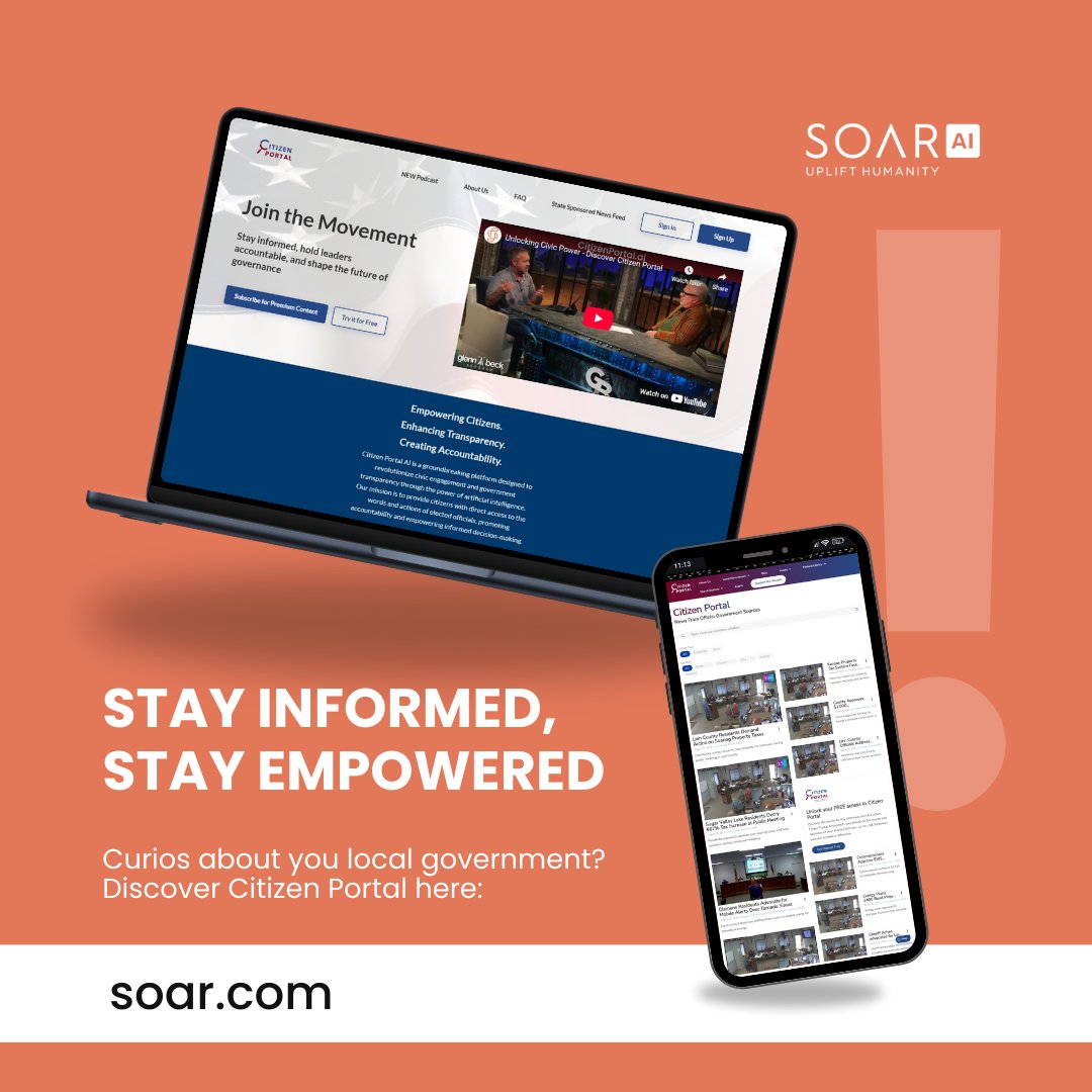 Ever wonder what’s really happening in local government? 

🏛 Citizen Portal uses AI to spotlight public meetings and the voices shaping your community.        
📣 Dive in: try.soar.com        

#CitizenPortal #CivicTech #Transparency