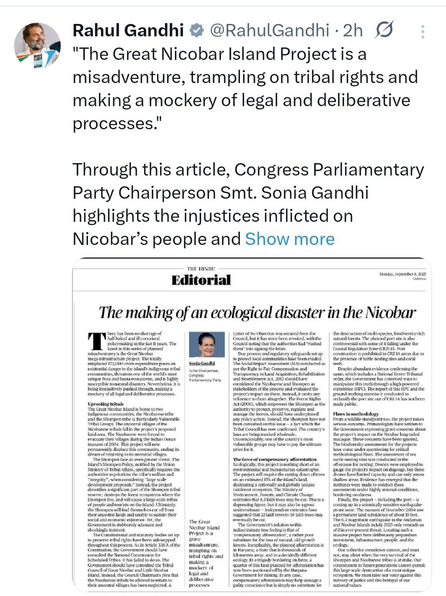 Starboy2079's tweet image. Mother-son duo wants to stop the Rs 72,000 crore development project in Great Nicobar, citing concerns for the tribals – the Nicobarese and the Shompen.

Do you know what the actual tribal population there is?
Just 1,200.

Shompen: around 200
Nicobarese: around 1,000

The…