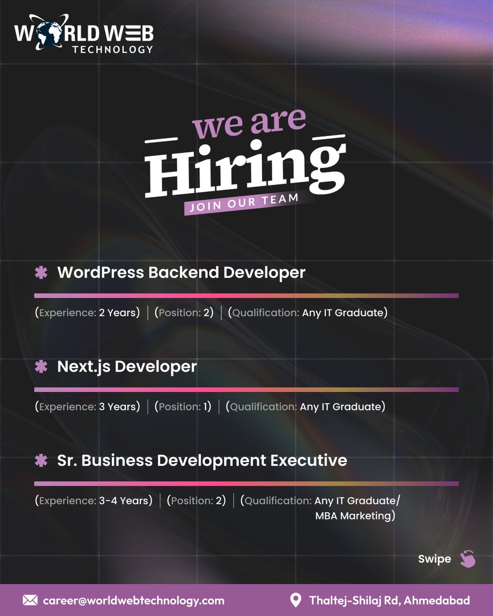 worldwebtechno's tweet image. At @worldwebtechno, we are on the lookout for innovative thinkers, problem-solvers, and passionate creators who thrive in both teamwork and independent roles.
Send us your resume at career@worldwebtechnology.com
Or apply online here: bit.ly/32CvbIt
#worldwebtechnology