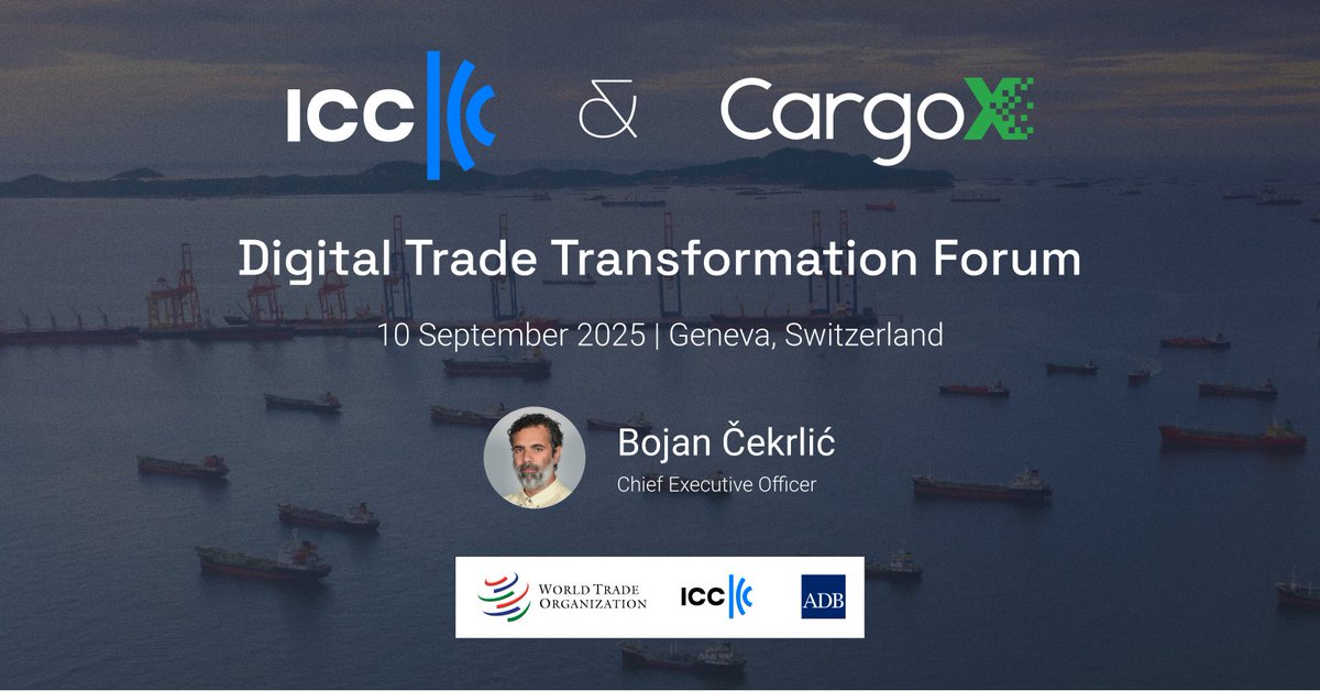 CargoX CEO Bojan Čekrlić will attend the Digital Trade Transformation Forum, co-hosted by WTO, ICC and ADB.

An ICC DSI roundtable will connect ERP and IT infrastructure providers and other players to develop a shared roadmap for interoperable digital documentation.
#DigitalTrade