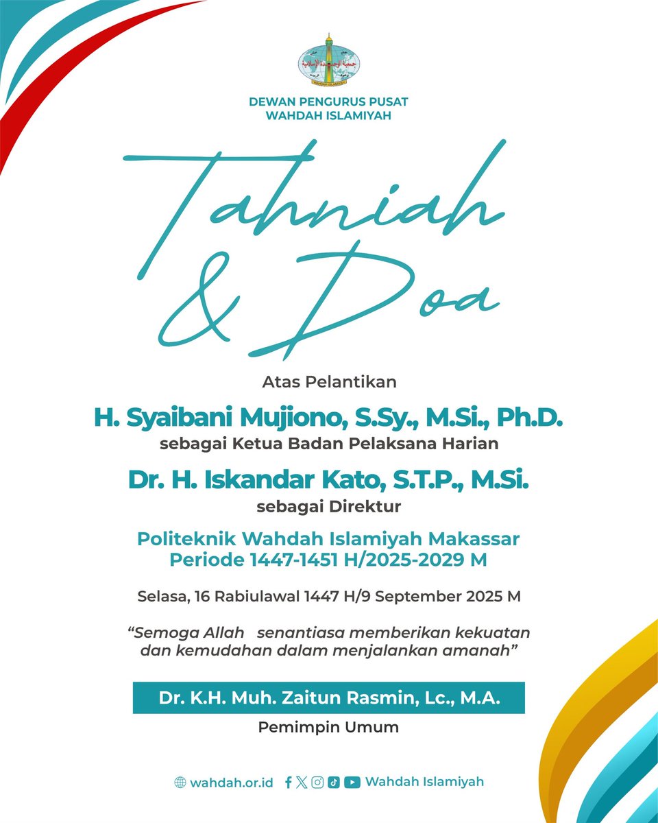 "Semoga Allah senantiasa memberikan kekuatan &amp; kemudahan dalam menjalankan amanah."

Selamat atas pelantikan pimpinan baru Politeknik Wahdah Islamiyah Makassar, H. Syaibani Mujiono, Ph.D. &amp; Dr. H. Iskandar Kato, M.Si. untuk periode 2025-2029.
 #WahdahIslamiyah