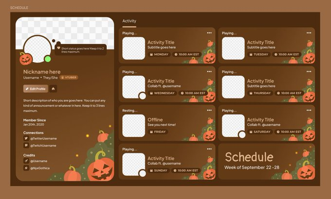 Lunaflorisi's tweet photo. 🔥 OMG, these themes are SO STUNNING! 😍 That Halloween Pumpkin Patch vibe gives all the cozy and festive feels! 🍁✨ @NyxGothica, your designs are just amazing! 👻🎃
#StreamDesigns #VTuberCommunity #Vtubers #streamschedule #VGenComm https://t.co/QoHUxxxxiM