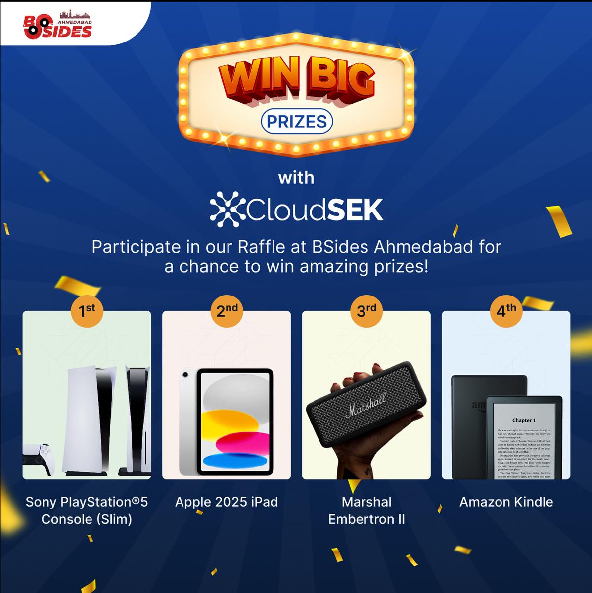 🎉 Exciting news! CloudSEK is bringing a raffle to <a href="/bsidesahmedabad/">Security BSides Ahmedabad</a> 2025 🎉
Prizes include:
🎮 PS5 (Slim)
📱 Apple 2025 iPad
🔊 Marshal Embertron II
📖 Amazon Kindle
🗓️ Sept 12–13, 2025
Which prize would you love to win? 👇