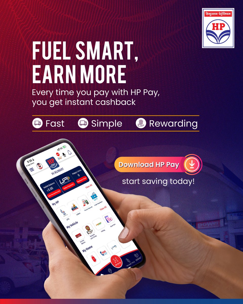 HPCL's tweet image. Why just fuel up when you can fuel smart? 
Pay with HP Pay and enjoy instant cashback! fast, simple, and rewarding every time. 
Download now &amp;amp; start saving on every drive. 

Follow our WhatsApp Channel today for latest business updates: whatsapp.com/channel/0029Vb…

#HPPay #FuelSmart…