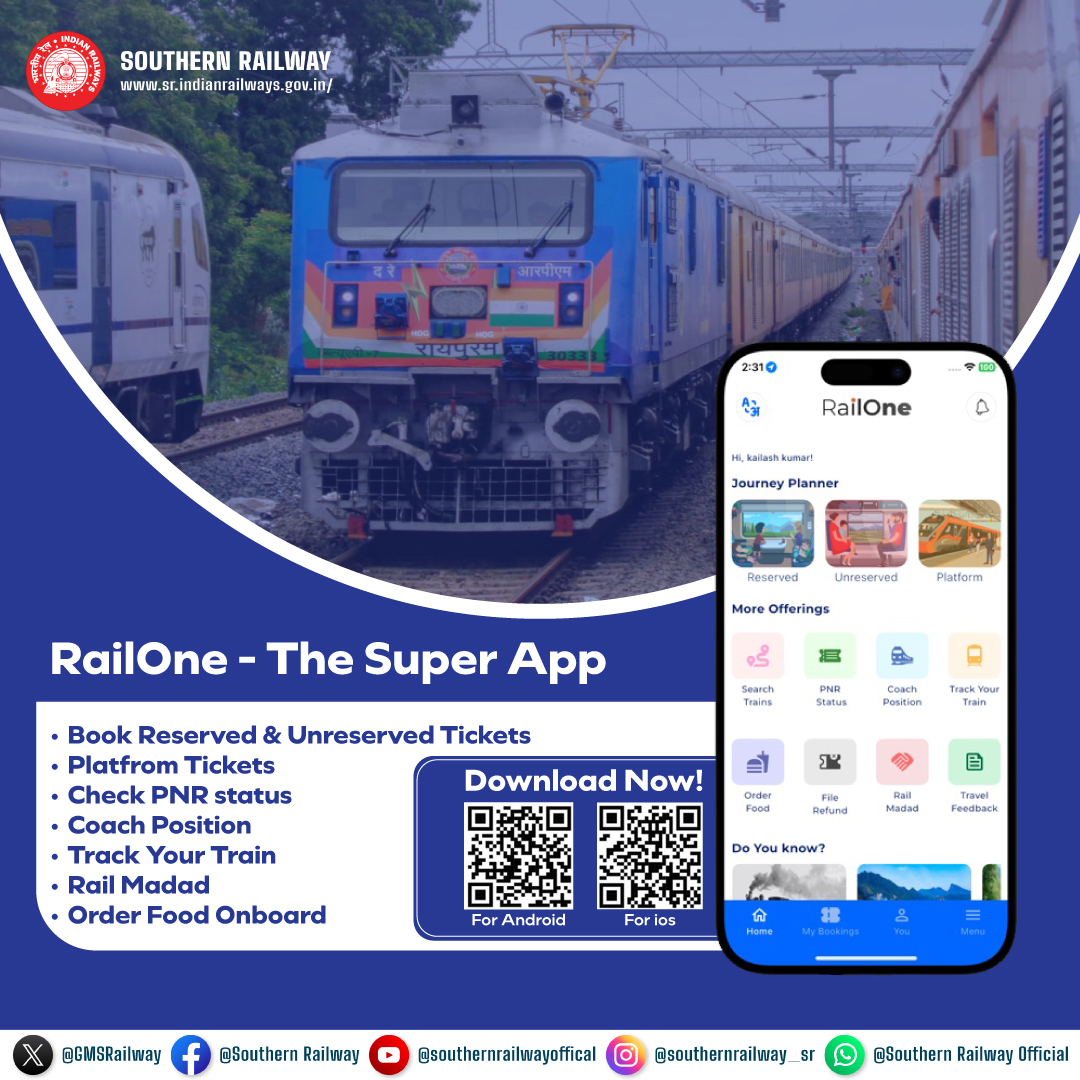 GMSRailway's tweet photo. 🚆 RailOne – The Super App 📲

Book reserved &amp; unreserved tickets, check PNR status, track your train, order food onboard, and much more – all in one app!

👉 Download now for Android &amp; iOS!

#SouthernRailway #DigitalTuesday https://t.co/rXpX1YQZv9