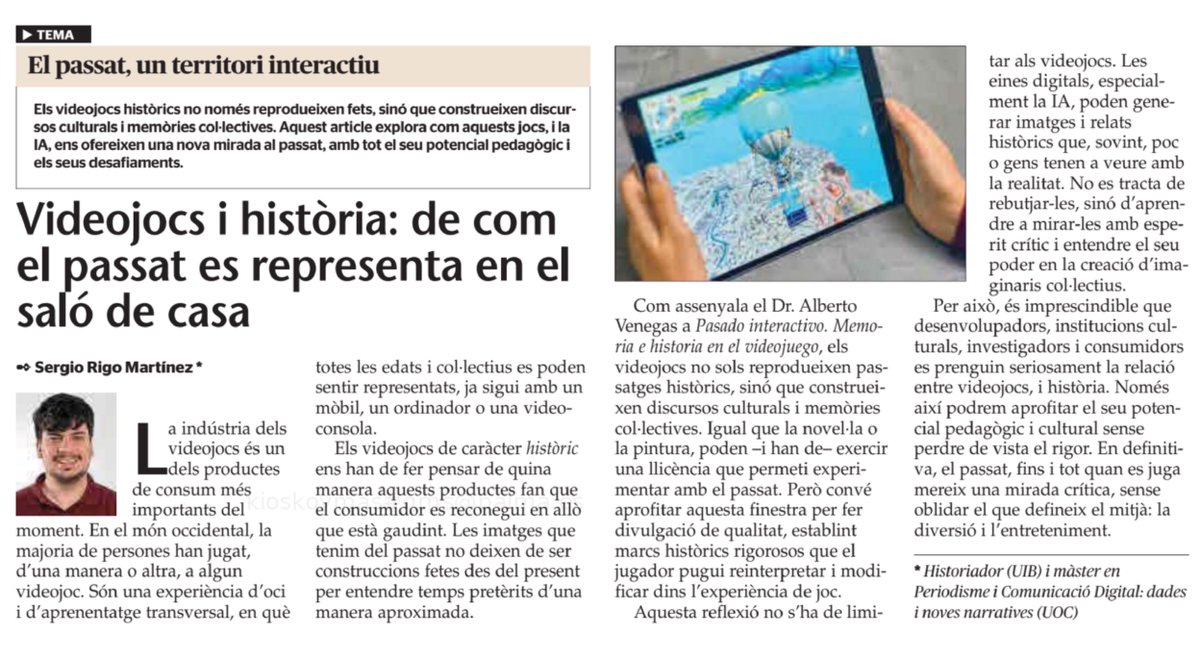 🎮Avui a "Campus Obert" d' <a href="/UHmallorca/">Ultima Hora Mallorca</a>
parlam de com els videojocs representen el passat i construeixen memòries col·lectives.

Una finestra pedagògica i crítica per entendre la història des del saló de casa i que està estudiant el Dr. <a href="/Albertoxvenegas/">Alberto Venegas</a>. 

Ho podeu llegir aquí⬇️