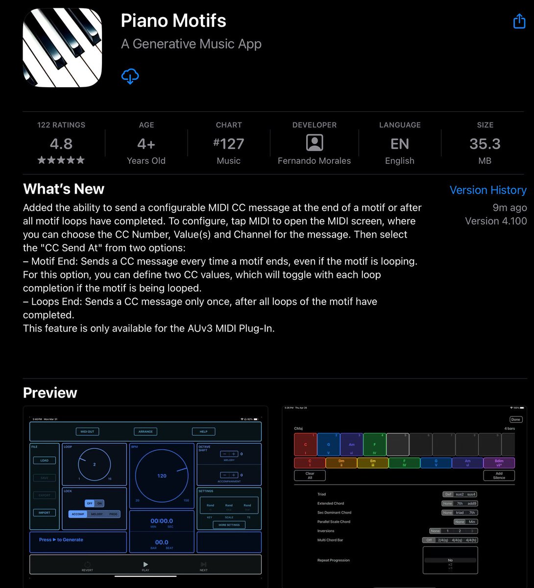 A new version of Piano Motifs (v4.100) is now available. You can now configure and send MIDI CC Messages at the end of a motif or a looped motif! Use it to sync the end of a motif or looped motif with other apps (AUv3 MIDI plugin only)
#generativemusic #ipadmusic #musicapp #midi