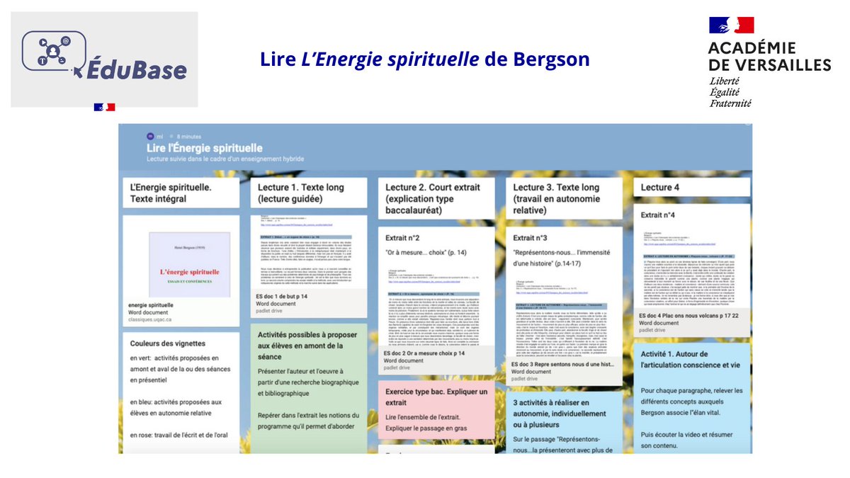 [Lecture suivie] 
✅#Édubase <a href="/acversailles/">Académie de Versailles</a> Un mur collaboratif pour une lecture suivie de « L’énergie spirituelle » de H. Bergson
🔗edubase.eduscol.education.fr/fiche/19169
