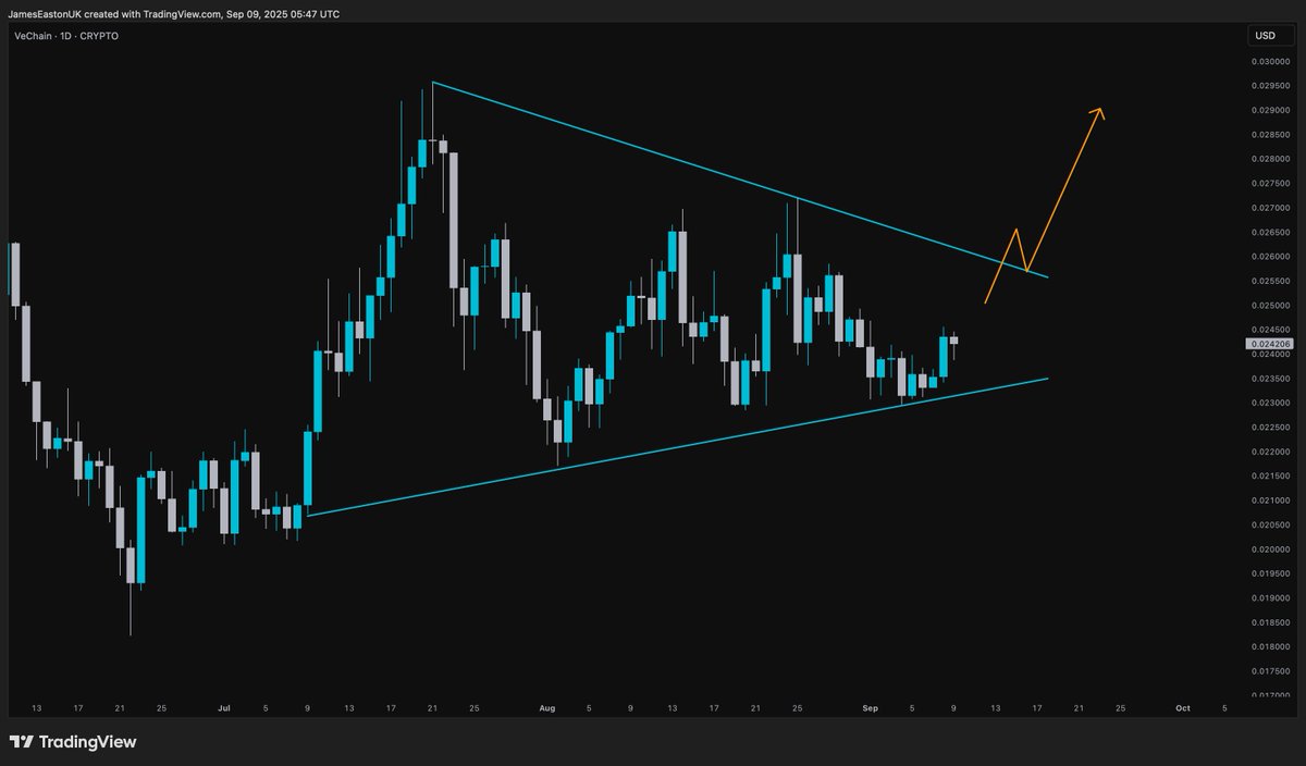 Patiently waiting for my bag of $VET to break out of this wedge.

When RWAs kick off, the VET pump will not be gentle.