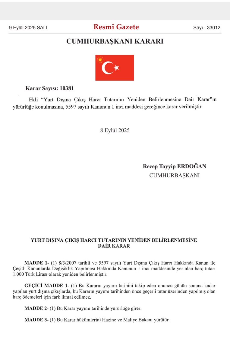 Yurtdışı Çıkış Harcına Zam !

09 Eylül 2025 Tarih ve 33012 Sayılı Resmi Gazetenin 10381 Sayılı kararına göre Yurtdışı Çıkış Harcı 1000 TL'ye yükseltildi.

Karar bugünden itibaren yürürlüğe girdi.