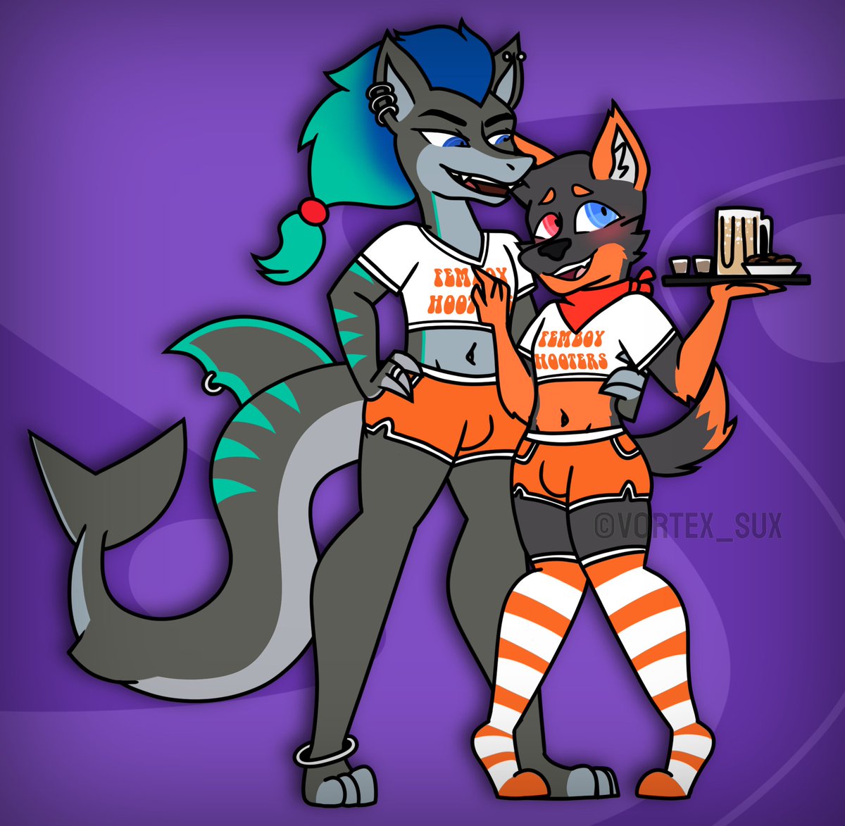 c-mm for <a href="/Zenit1701/">GameShark</a>! 

They wanted me to draw himself and Asher working at Femboy Hooters (inspired by an ArtFight attack that hasn't been posted yet!)

Zenit (left) <a href="/Zenit1701/">GameShark</a> 
Asher (right) <a href="/Asherwulfy/">Asherwulfy</a> 

hope you enjoy!

#furry #furryart #furryartist