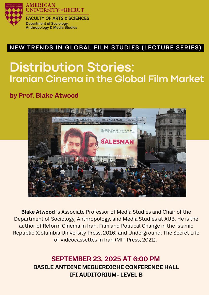 Don’t Miss Out!
This talk traces how festivals, distributors, and corporations commodify Iranian films within the logics of neoliberal multiculturalism, thus embedding politics into their global circulation.
📷 Sept. 23 - 6:00 PM
📷 Basile Antoine Meguerdiche Conf. Hall, IFI  Aud