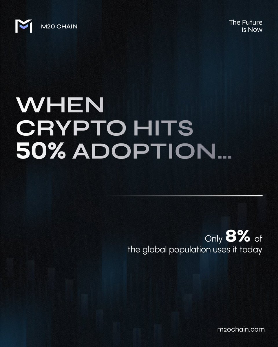 m20blockchain's tweet image. #Crypto adoption is still in its early days — only 8% of the global population uses it today 🌍.

But imagine a world where 1 in 2 people own and use crypto… 🤯

💡 What could happen when we hit 50%?

- Banks might look completely different 🏦
- Payments could be instant &amp;amp;…